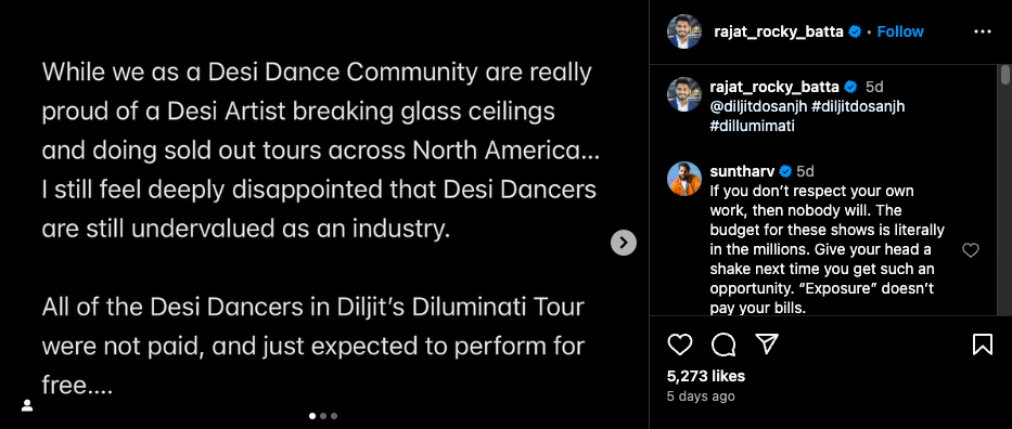 Screenshot of Rajat Batta's comment on Dijit Dosanjh's tour.